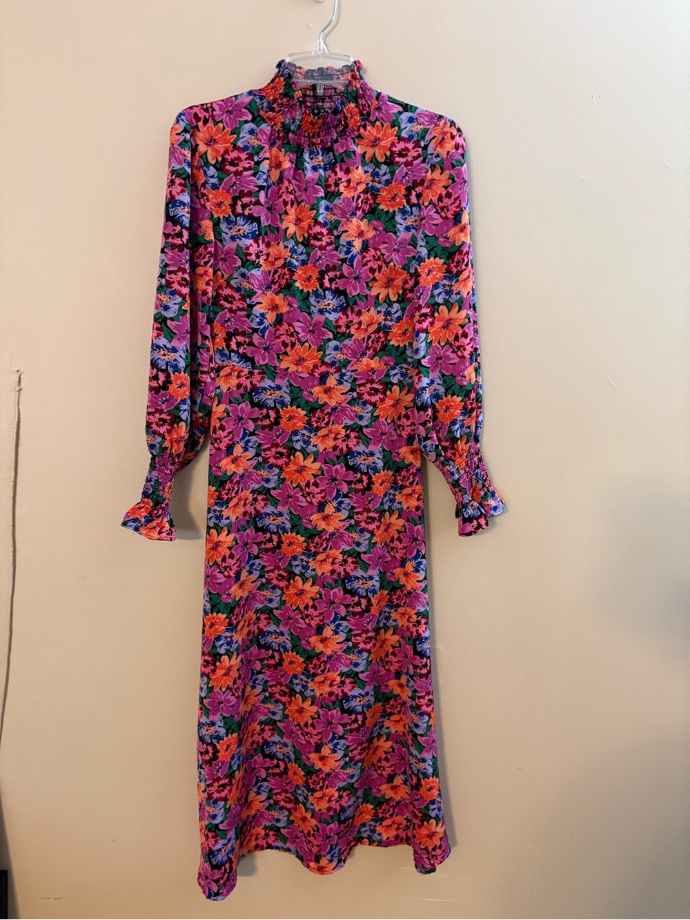 High-Neck Floral Long-Sleeve Midi Dress in Pink Multi